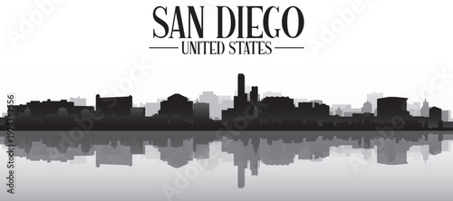 Black and white panoramic poster of the city skyline with misty background buildings and water reflection of SAN DIEGO, UNITED STATES