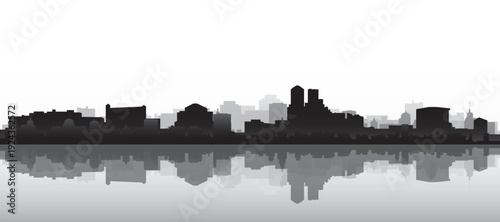 Black and white panoramic poster of the city skyline with misty background buildings and water reflection of DENVER, UNITED STATES