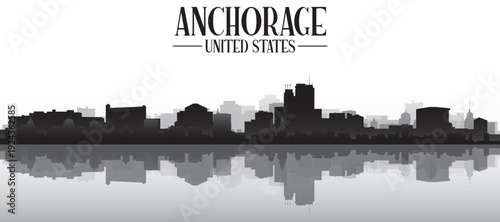 Black and white panoramic poster of the city skyline with misty background buildings and water reflection of ANCHORAGE, UNITED STATES