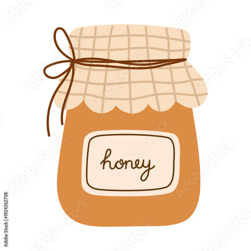 Honey jar with fabric lid and label design. Cozy autumn organic food illustration for farmhouse branding, packaging, and kitchen decor. Hand drawn vector illustration.