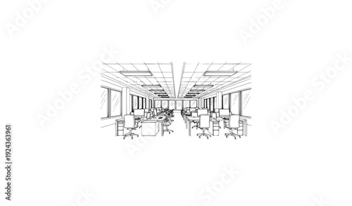 Open Space Office Interior Perspective – Outline Sketch Vector Illustration