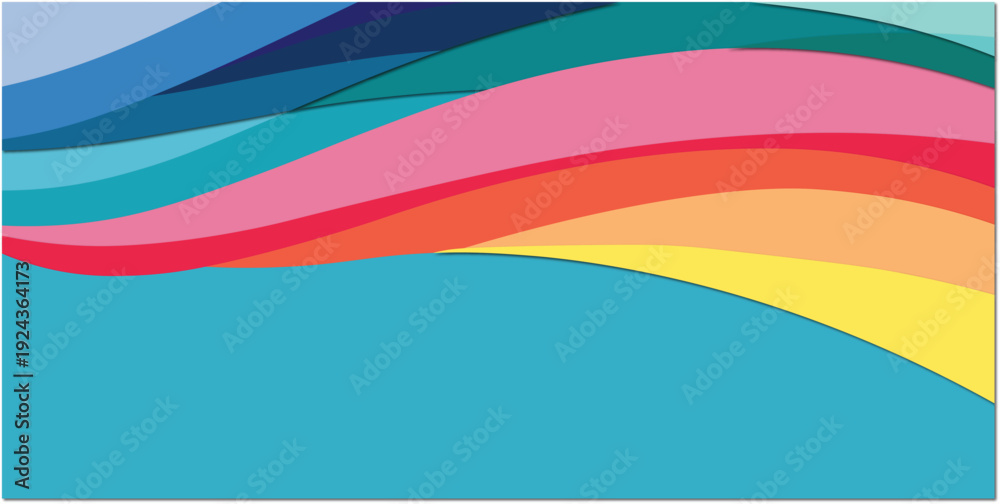Obraz premium Vibrant multicolored wavy stripes in shades of blue green pink red orange yellow on teal background