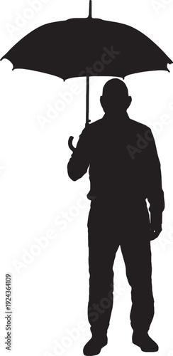 vector,  Silhouette of front view of a man standing with an open umbrella