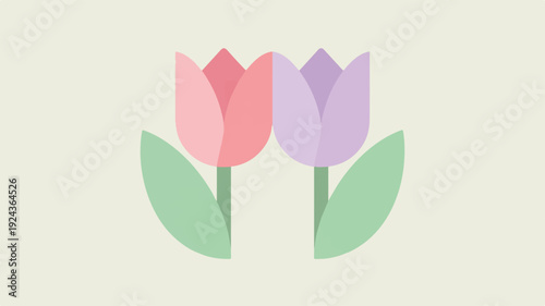 Minimalist flat design icon featuring two colorful tulips on green stems