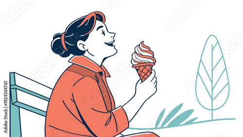 Woman sitting on park bench enjoying ice cream in bright sunny day. Woman smiles while savoring delicious soft serve ice cream cone, highlighting joyful moments in warm weather.