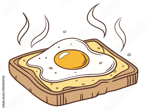 Fried egg on toast with golden yolk and crispy edges sitting on wooden board. Delicious breakfast dish includes crispy toast topped with perfectly cooked egg.