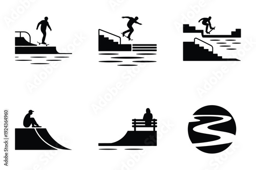 Skateboarding Park Icons: Ramps, Stairs, Skater Silhouettes