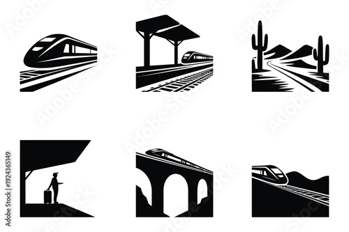 High-Speed Train Journey Silhouettes at Station and Bridge