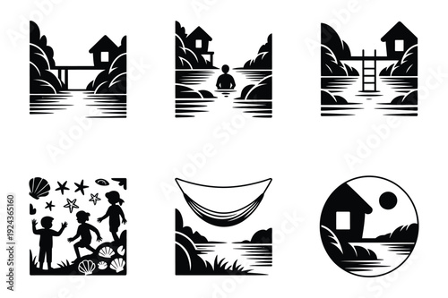 Summer Vacation Lifestyle Icons: Beach, River, and Kids