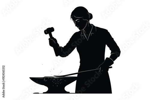 Blacksmith woman forging metal, sparks flying at the anvil