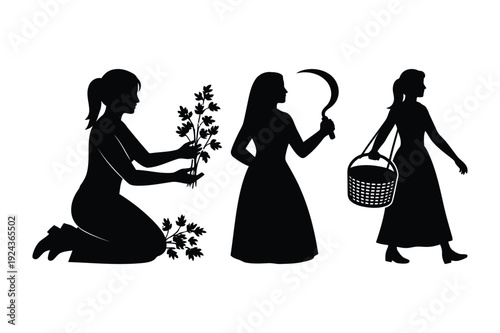 Three women representing agriculture: harvesting and carrying