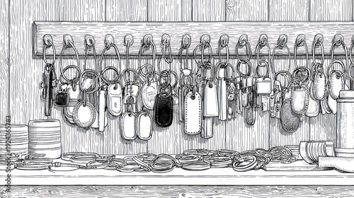 A grayscale illustration of a key rack with many keys hanging