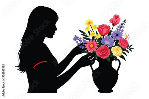 Woman Arranging Colorful Flowers in a Black Vase - Silhouette Vector Art