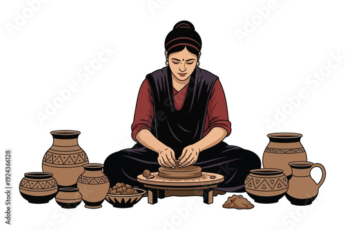 Woman Potter Shaping Clay on Wheel, Traditional Craftsmanship