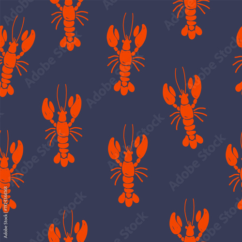 Hand draw lobster seamless pattern in vector format. Bright red lobsters on dark blue background.