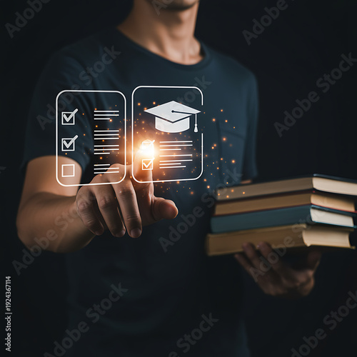 Online education concept, person interacting with digital learning interface and books