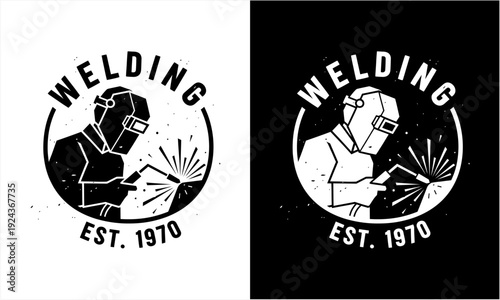 Vintage Welding Logo Design with Welder and Sparks.