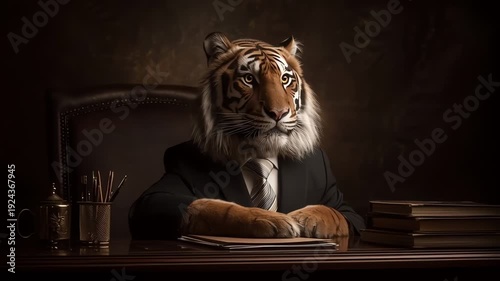 Tiger in a Dark Suit at Executive Desk Powerful Business Concept