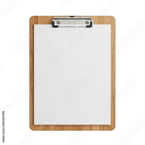 A wooden clipboard with a blank white sheet of paper attached, ready for notes. isolated on transparent background