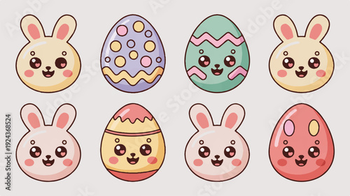 Kawaii easter bunnies and decorated eggs in pastel colors for spring