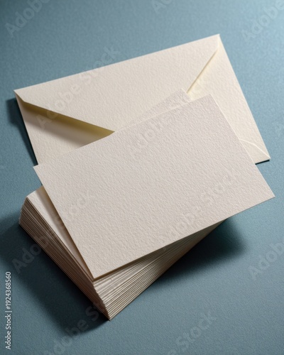 Blank textured invitation card with envelope and stacked notecards on blue background for wedding invitation design branding and stationery mockup