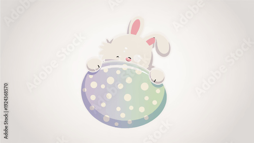 Cute cartoon bunny peeking out from pastel egg with white polka dots on gray background