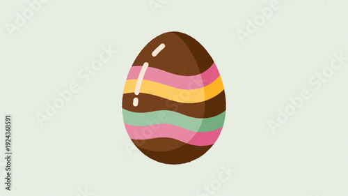 Colorful chocolate easter egg with pink yellow green stripes on brown background