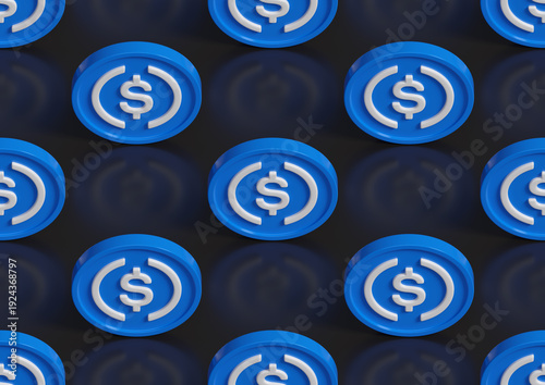 Isometric seamless pattern of blue USDC coins. 3d illustration.