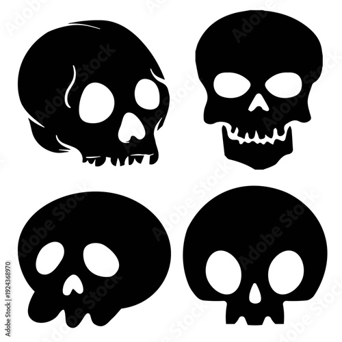 Four black skulls in different orientations on white background