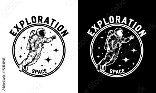 Astronaut floating in space exploration badge design.