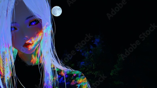 Colorful anime girl with moonlit background and vibrant hair in dark forest setting