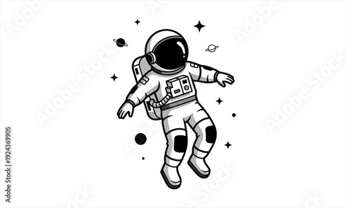 Astronaut floating in space with stars and planets around.
