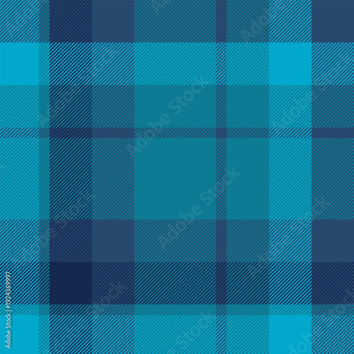 Customize check fabric pattern, pano plaid seamless textile. Dye tartan background texture vector in cyan and blue colors.
