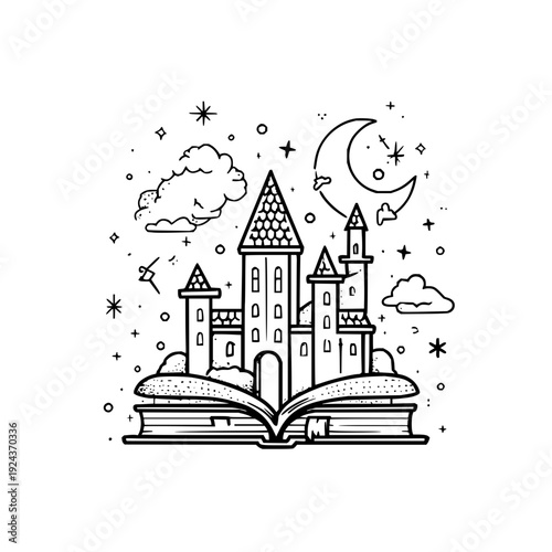 Fantasy Castle Emerging from Open Book under Starry Night Sky