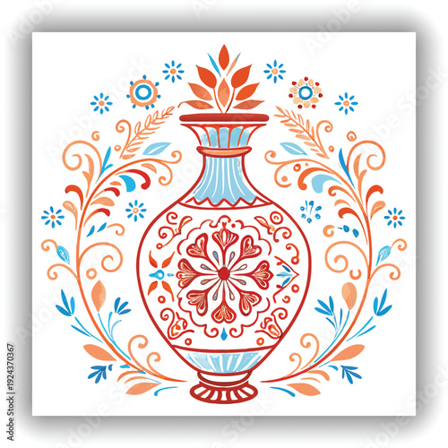 A detailed, ornate ceramic vase is the central subject, positioned in the middle of the frame against a transparent background. The vase has a bulbous body that tapers to a narrow neck and flared rim.