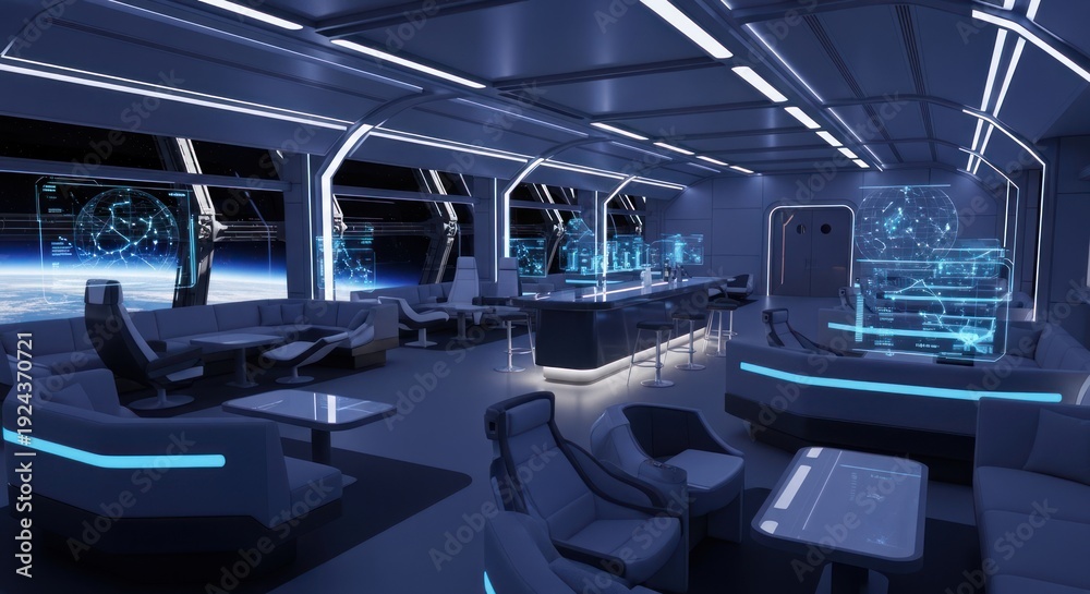Obraz premium Futuristic interior with window view of space and earth concept art