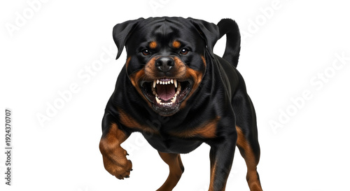 Aggressive Rottweiler Dog Barking and Showing Teeth, Snarling with an Open Mouth, Running Towards the Camera on a White Background