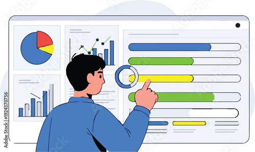 Businessman analyzing data on a dashboard, vector illustration