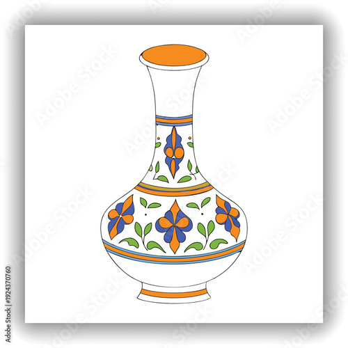 A detailed, ornate ceramic vase is the central subject, positioned in the middle of the frame against a transparent background. The vase has a bulbous body that tapers to a narrow neck and flared rim.