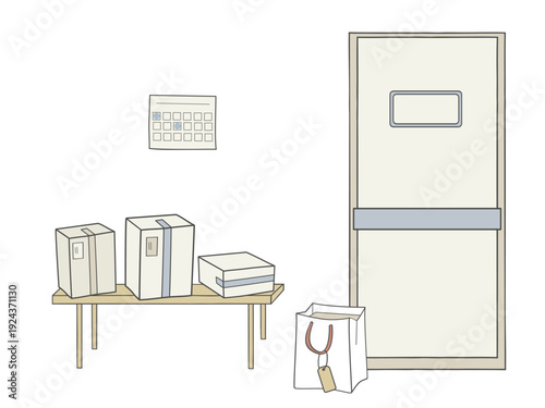 Parcels ready near door, Cardboard parcels and paper package placed on bench near closed door. Calendar on wall.