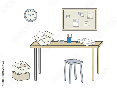 Table with open cardboard box, tape, papers, pencil holder, stool, wall clock and notice board.
