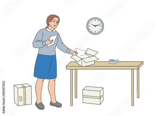 Woman checking paper at packing table and standing near open box on table.
