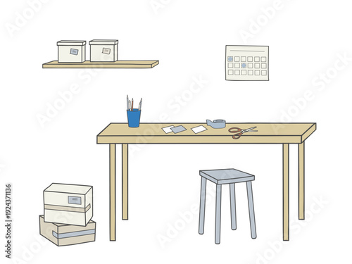 Table with tape, scissors, pencil holder and papers. Shelf with boxes and stool nearby.