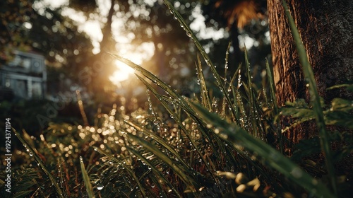 Morning dew on grass and tree trunk in warm sunlight, symbolizing freshness, renewal, and tranquil outdoor moments in nature