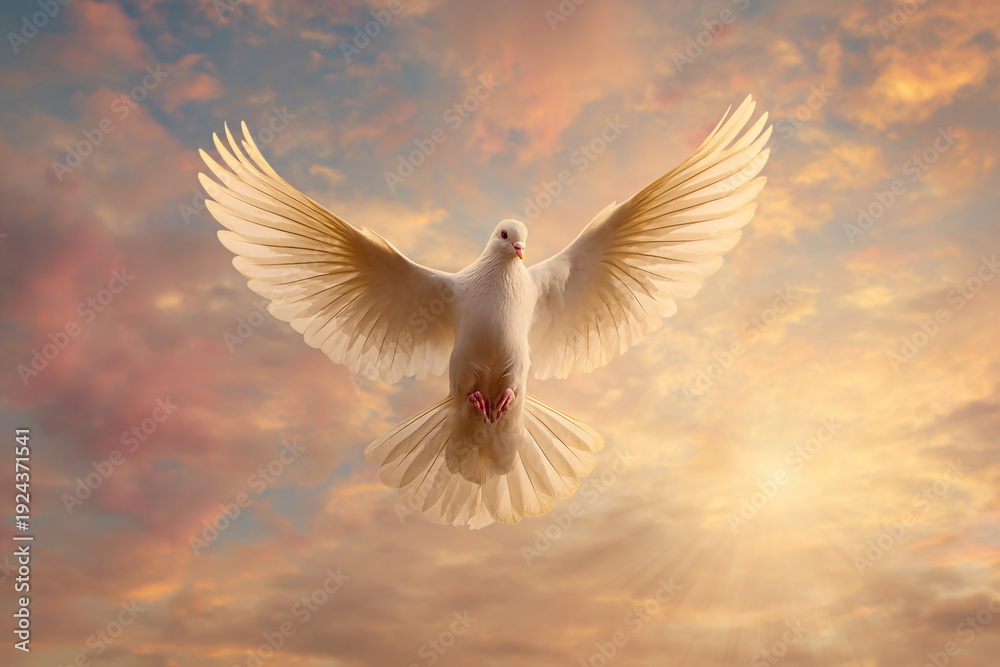 Fototapeta premium White Dove Flying in Golden Sky with Divine Light – Symbol of Peace, Holy Spirit, Freedom and Spirituality