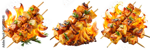 Panel kuchenny z motywem Set of a skewers of chicken and pineapple on fire isolated on a transparent background