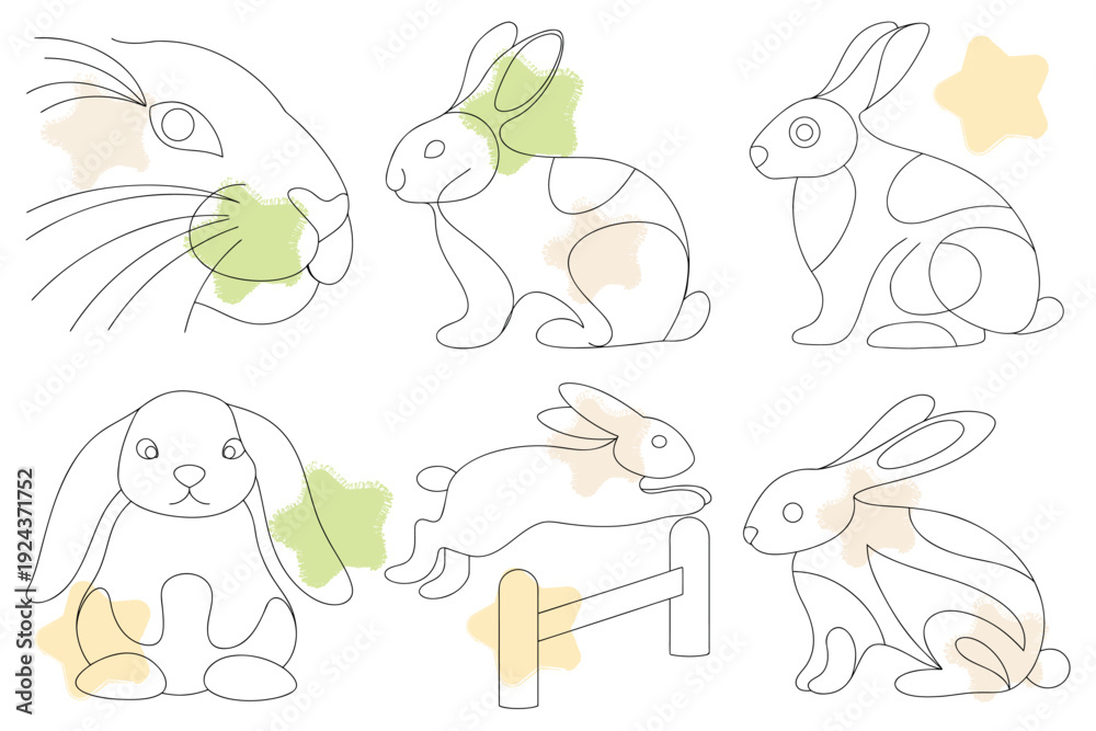 Obraz premium Charming Easter Bunny Collection: Minimalist Line Art with Spring Colors and Abstract Shapes, Perfect for Seasonal Designs