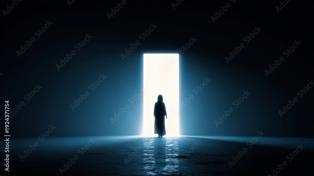 Obraz premium Silhouette of a mysterious figure in illuminated doorway