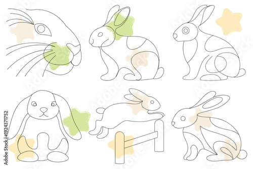 Charming Easter Bunny Collection: Minimalist Line Art with Spring Colors and Abstract Shapes, Perfect for Seasonal Designs