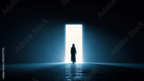 Silhouette of a mysterious figure in illuminated doorway
